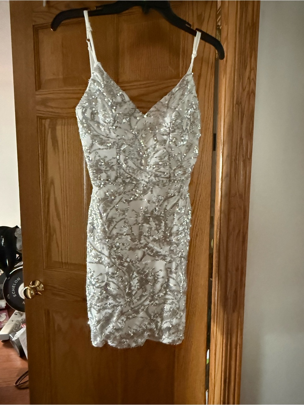 Sequin-Embellished White Spaghetti-Strap Mini Dress